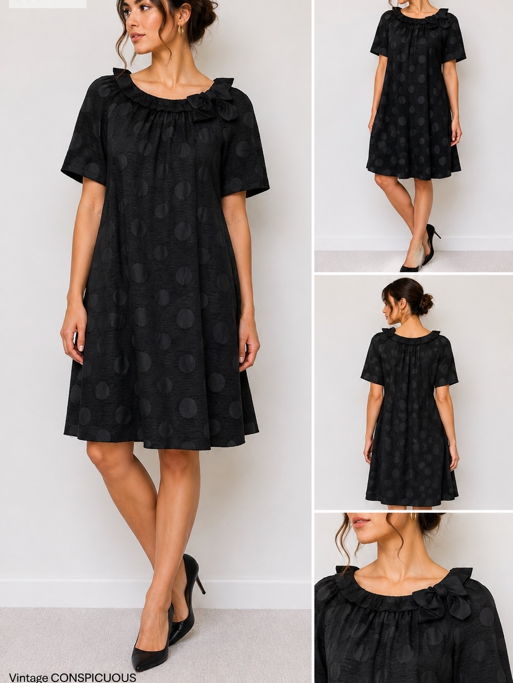 Vintage Conspicuous Black Polka Dot Ruffle Neck Dress